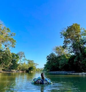 一名女子在水中与一头大象在河中
