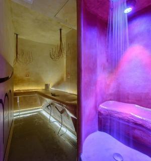 带浴缸和水槽的紫色浴室