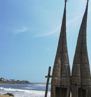 Dvě vysoké slaměné stavby na pláži s oceánem