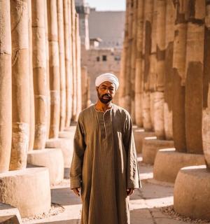 一名男子站在有柱子的街道上