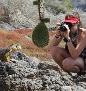 一名女子用相机给蜥蜴拍照