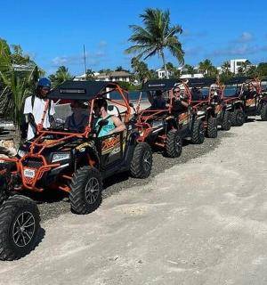 一排沙滩车停在海滩上