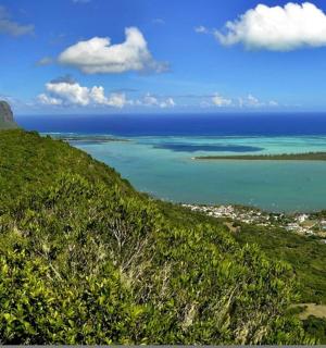 从山上俯瞰大海和城市