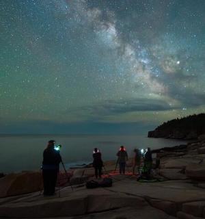 一群人站在码头上仰望夜空