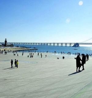 一群人在海滩上，背景是一座桥