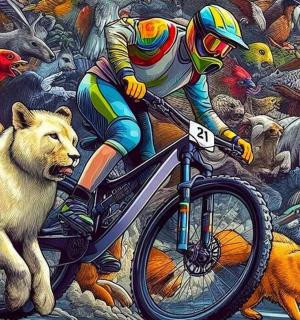 一幅画,画中一名男子骑着自行车,身后是一群动物