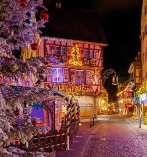 a christmas tree in front of a building with christmas lights