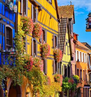 a street with colorful buildings and a christmas tree