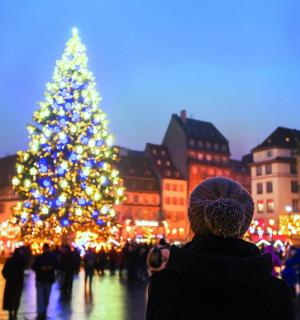 a person standing in front of a christmas tree