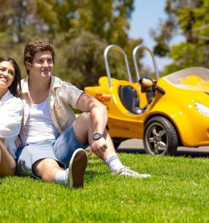 a man and woman sitting on the grass next to a toy car