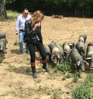 a woman standing in front of a herd of sheep