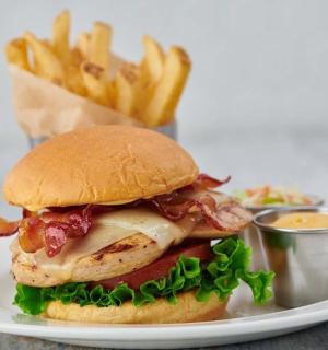 kuřecí sendvič a hranolky na talíři