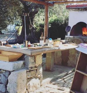 院子里有一张石桌和披萨烤炉