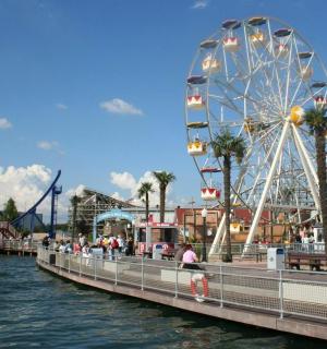 a ferris wheel on a pier next to the water