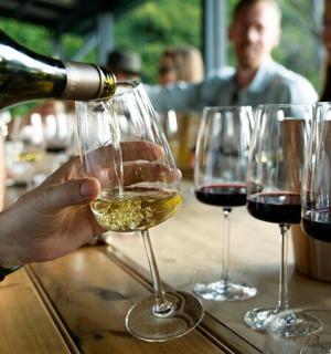 a person pouring white wine into a wine glass