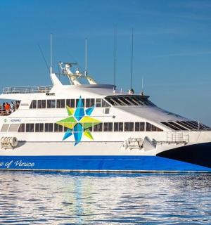 一艘游轮在水中，上面有人