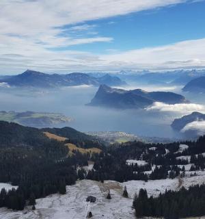 pohled na horské údolí se sněhem a stromy