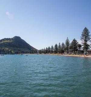 vodní plocha s pláží a horou