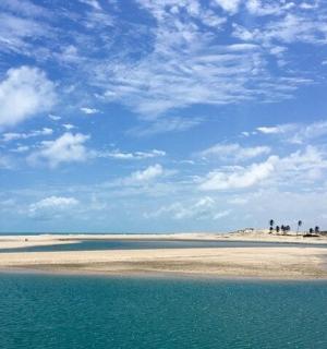 a beach with people standing on the sand and the water