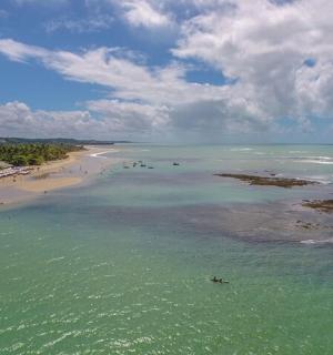 海滩鸟瞰图，人们在水中