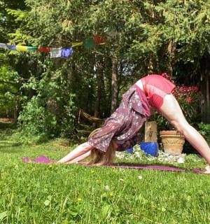 o femeie făcând un stând în mâini în iarbă