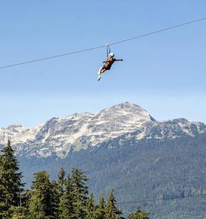 一个人在高山滑索上