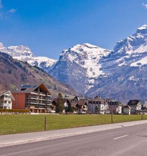 一条有房屋和白雪皑皑的山脉的街道