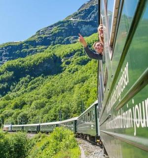 一名男子将头伸出火车窗外