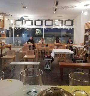 a restaurant with people sitting at tables in a room