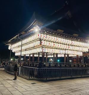 a large building is lit up at night