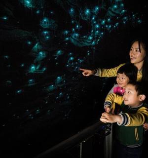 a woman and two children standing in front of a wall