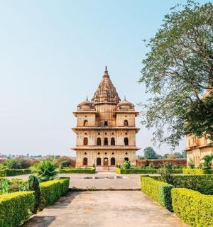 a view of a building in a garden