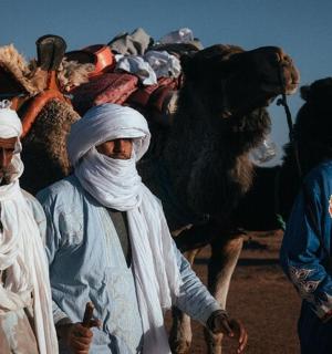 skupina lidí kráčejících vedle velblouda