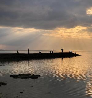 a group of people standing on a pier in the water