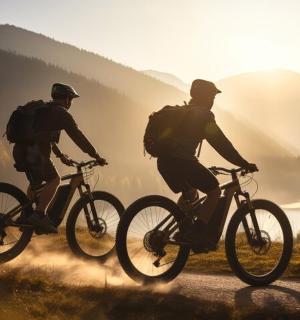 two people riding bikes on a dirt road