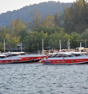 三艘船停靠在一片水域