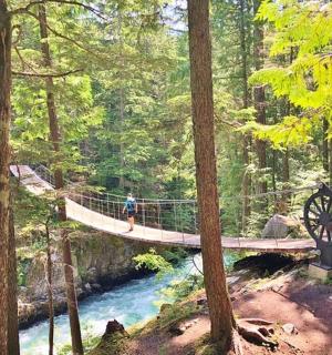 一个人走过河上的吊桥