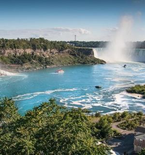 a view of the niagara river and falls