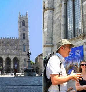 a group of people standing in front of a cathedral