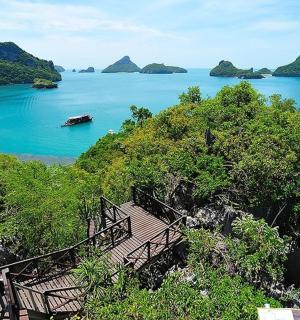 a staircase leading to a lake with a boat in it