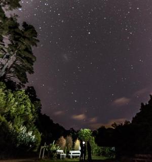 osoba stojící pod noční oblohou s hvězdami