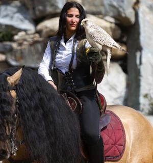 a woman is riding a horse with a bird on her shoulder