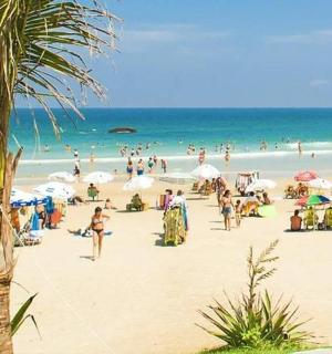 a group of people on a beach with umbrellas