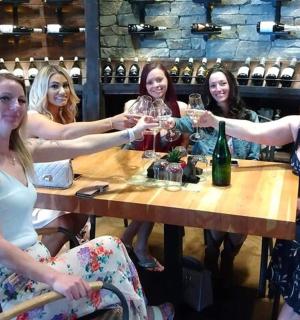 一群妇女围坐在桌旁,手捧酒杯