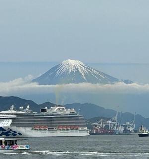 一艘游轮在水中,背景是一座山