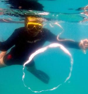 คนกำลังว่ายน้ำในน้ำโดยสวมแว่นตาว่ายน้ำ