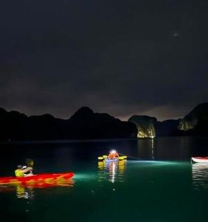 晚上，一群人划着皮划艇在水中