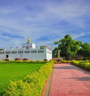 a large white building in a park with a pathway