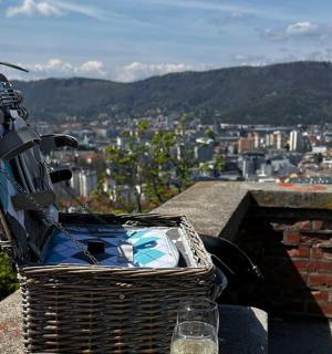 плетена корпа која стоји на ивици са погледом на град