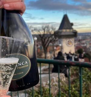 žmogus laiko vyno butelį